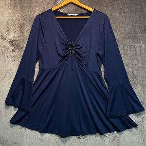 Meaneor Satin Lace-Up Bell Sleeve Flowy Navy Blue Tunic, XL Whimsycore